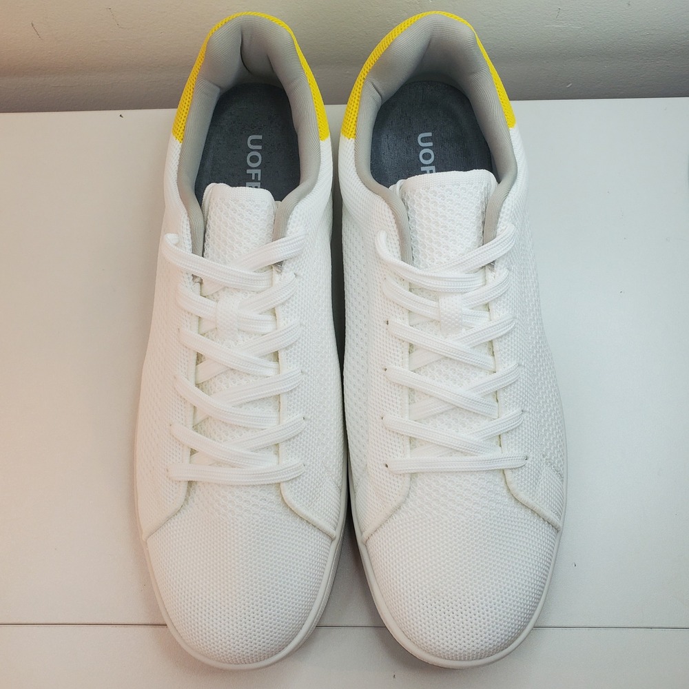 Men's White Knit Sneakers with Yellow Heel Detail - Picture 2 of 10